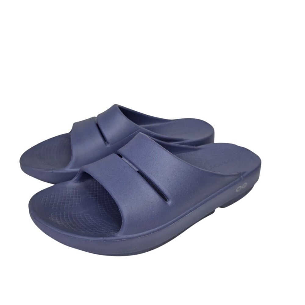 OOFOS Women 8 OOahh Recovery‎ Slide Sandals Navy Blue Orthopedic Comfort Shoes